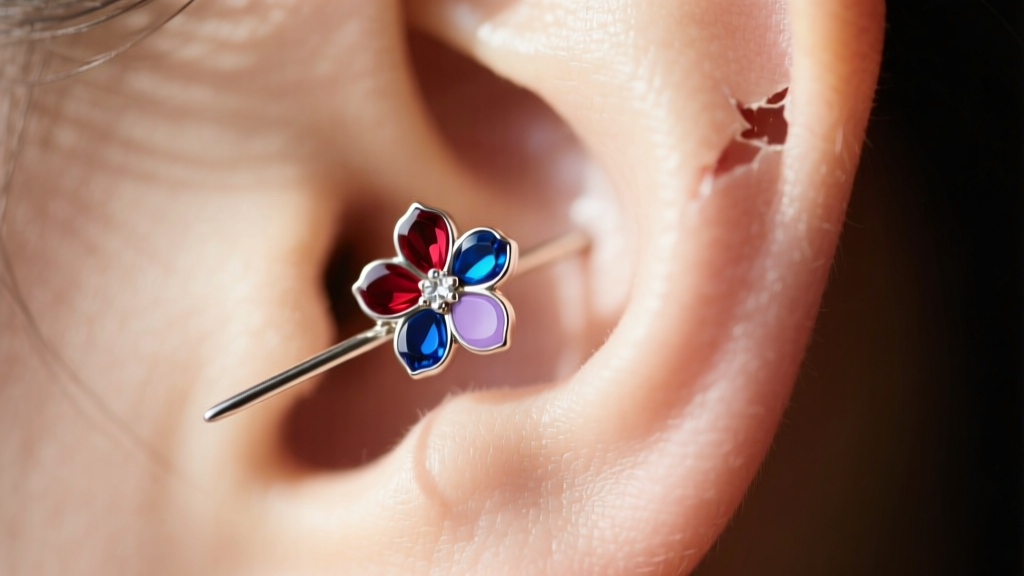 Close-up of a threadless push-pin small flower earring inserted into a healed helix piercing, showing the bent pin mechanism.