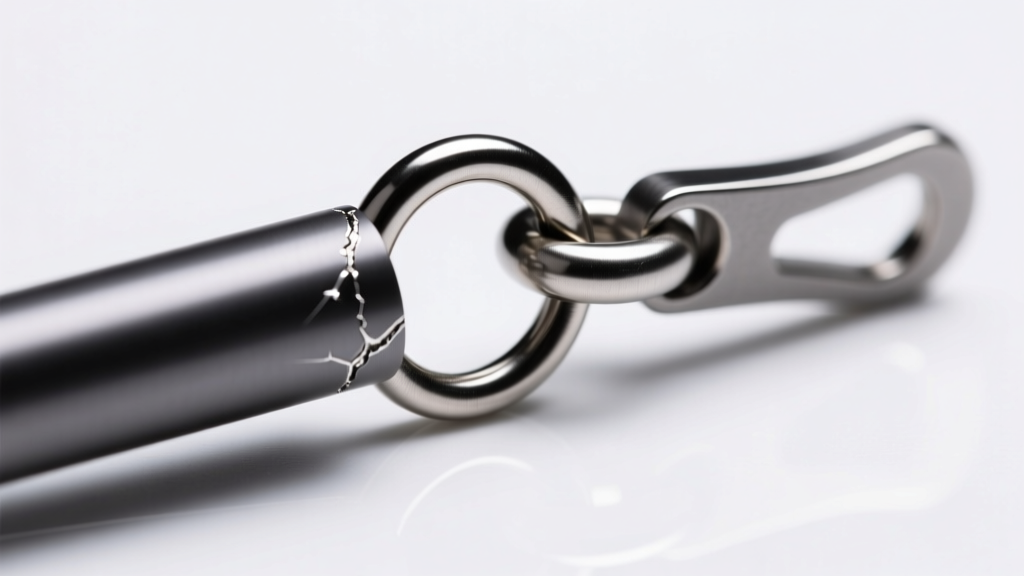 Close-up of a laser-welded jump ring connecting a matte niobium dangle bar to a leverback clasp under bright studio lighting.