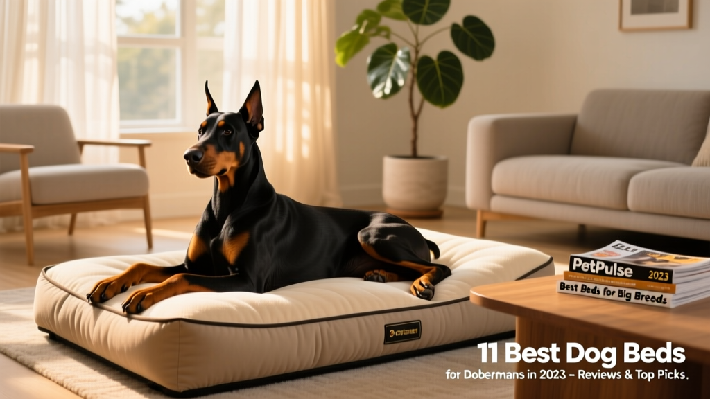 A relaxed Doberman lying on a plush orthopedic sofa-style dog bed in a sunlit living room