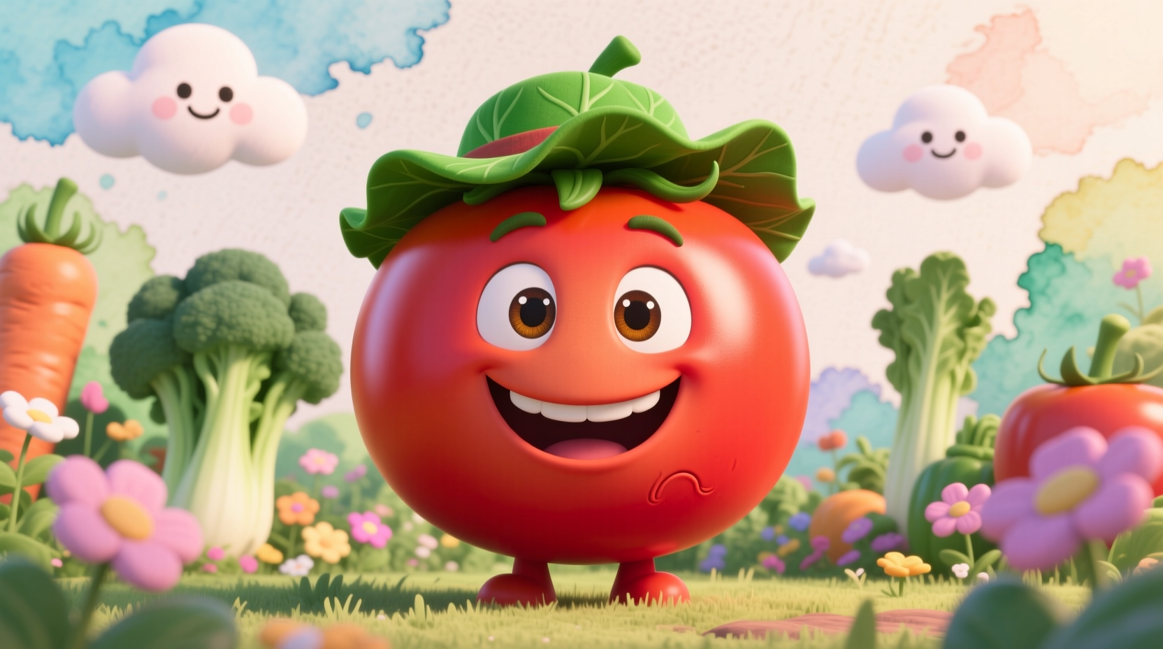 Bob the Tomato character from VeggieTales smiling