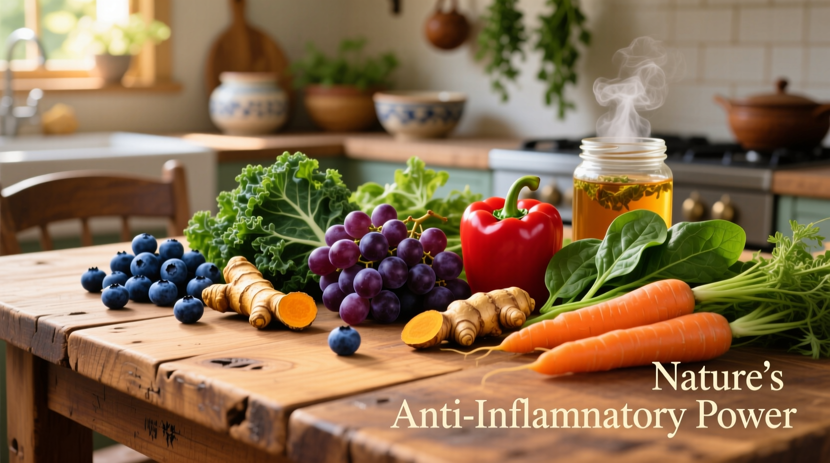 Colorful anti-inflammatory foods on wooden table