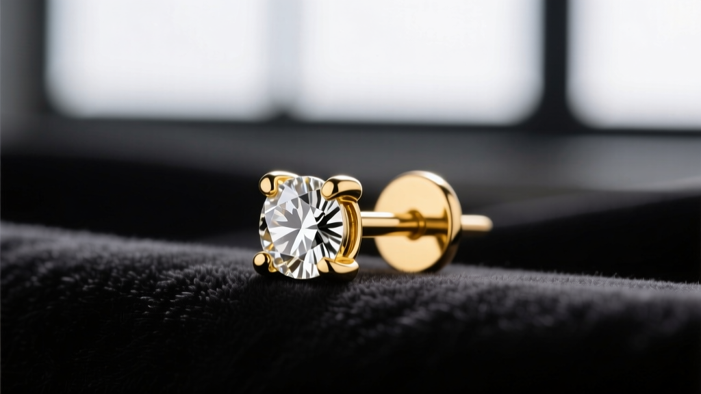 Macro view of an 18-gauge gold diamond stud post on a dark cloth, soft lighting highlighting the pristine metal texture.