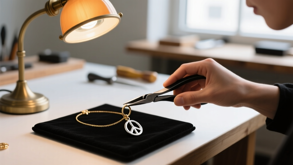 Jeweler using pliers to close a soldered jump ring on a gold vermeil necklace with peace sign charm under a magnifying lamp