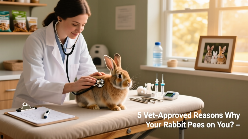 Veterinarian gently examining a rabbit on a padded exam table, with tools nearby