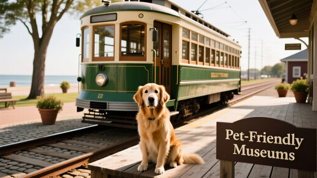 A friendly dog sitting beside a restored historic trolley at the Seashore Trolley Museum