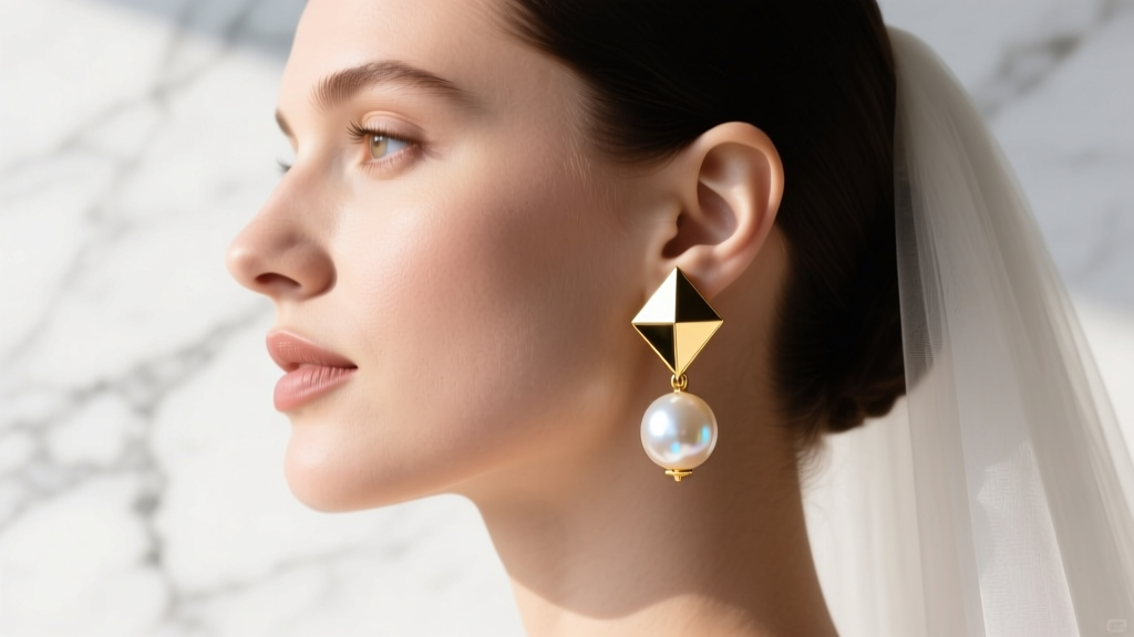 Side profile of a bride wearing baroque pearl drop earrings with 18k gold geometric 80s caps against a bright marble background.