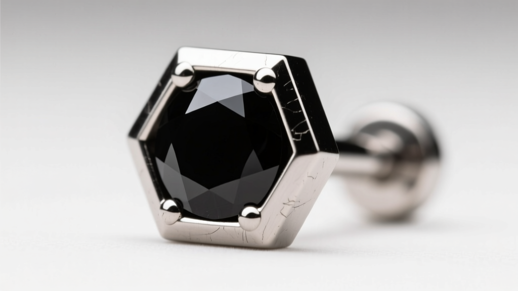 Macro photography of a 16-gauge titanium hexagon cartilage stud with a bezel-set black onyx center, showing polished corner edges.