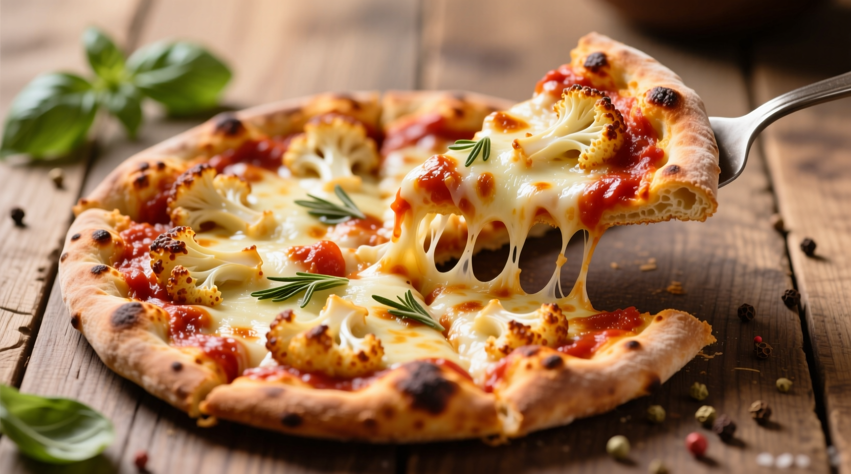 Crispy golden cauliflower pizza crust with tomato sauce and melted cheese