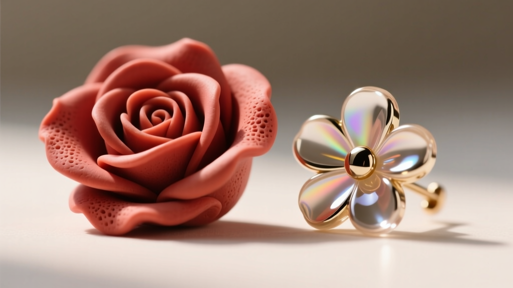 Macro view comparing a crisp Fimo clay rose petal edge against a smooth, glossy epoxy resin floral earring component.