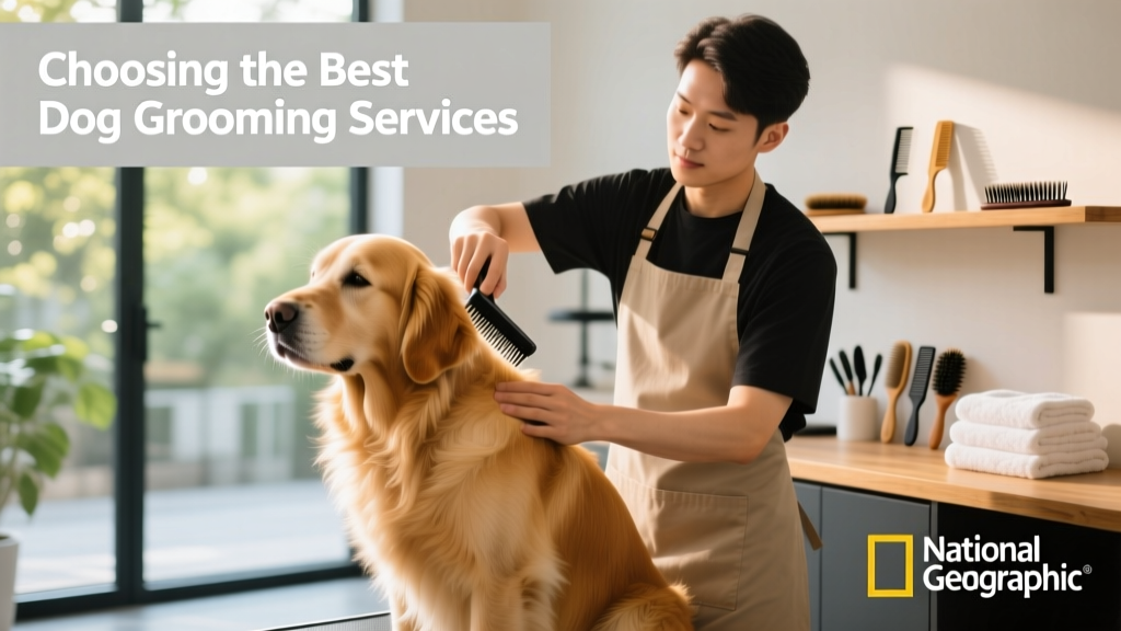 A calm, well-lit grooming station with a gentle groomer brushing a relaxed Golden Retriever