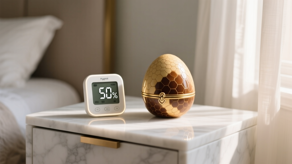 Digital hygrometer showing 50 percent humidity next to closed ostrich egg jewelry box on a marble dresser in soft morning light
