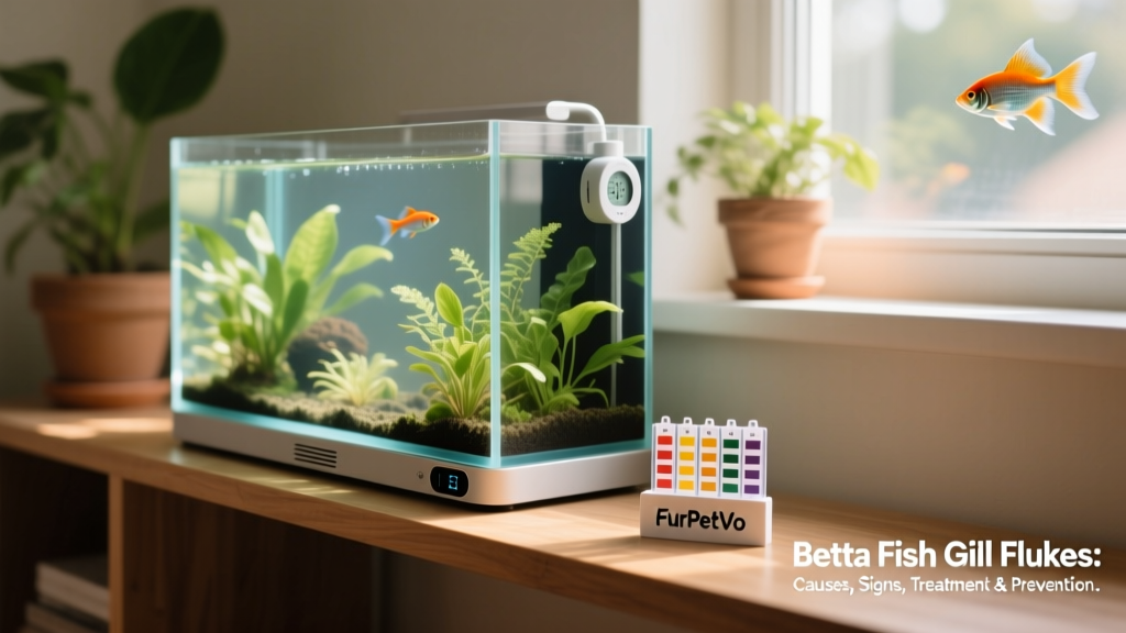 Aquarium setup featuring clean water, live plants, heater, thermometer, and FurPetVo water test kit on nearby shelf