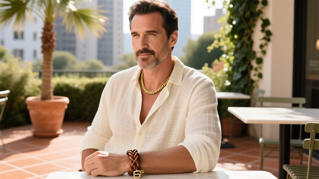 A relaxed man in a linen shirt wearing a 2mm 14k gold rope chain and a braided leather bracelet, sunlit outdoor cafe setting.