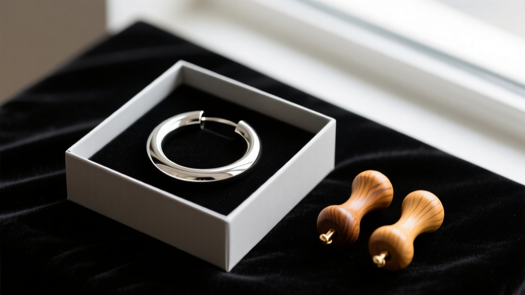 Flat lay gift box containing lightweight implant-grade titanium seamless hoops and polished wooden ear weights on dark velvet