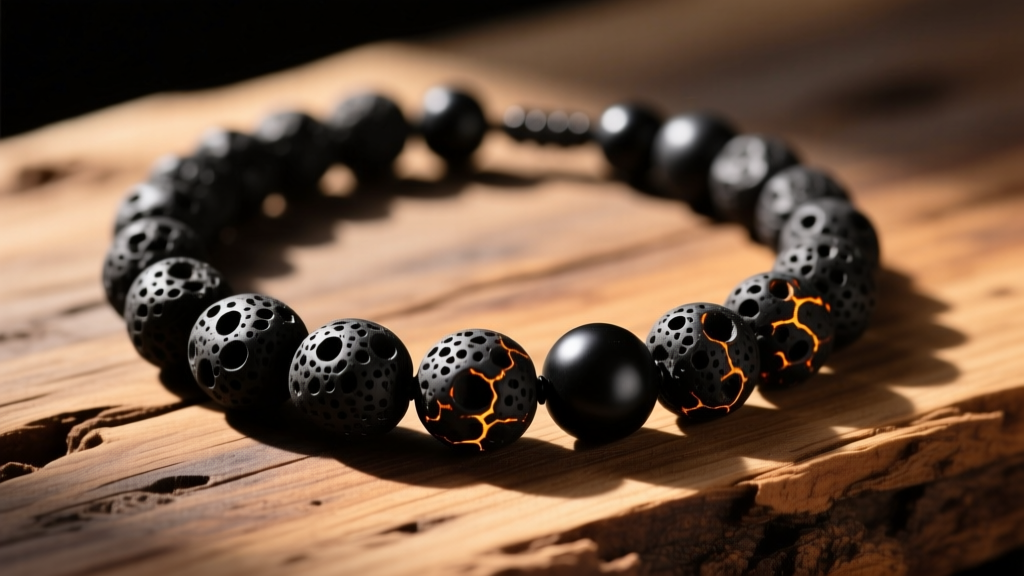 Matte black lava bead necklace on raw wood, showing porous pitted basalt stones illuminated by warm directional sunlight.