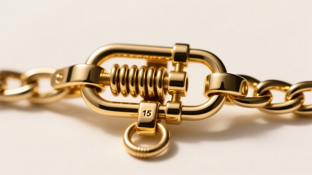 Close-up of a 15mm gold lobster clasp on a thick Figaro chain, displaying the robust spring mechanism and a soldered jump ring.