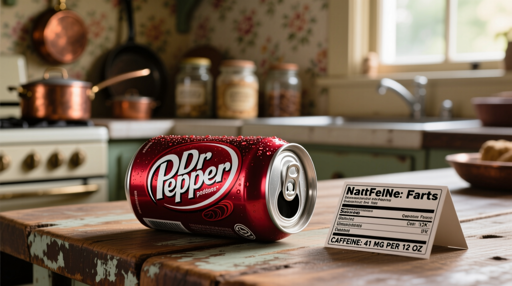 Dr Pepper can next to nutrition facts label showing caffeine content