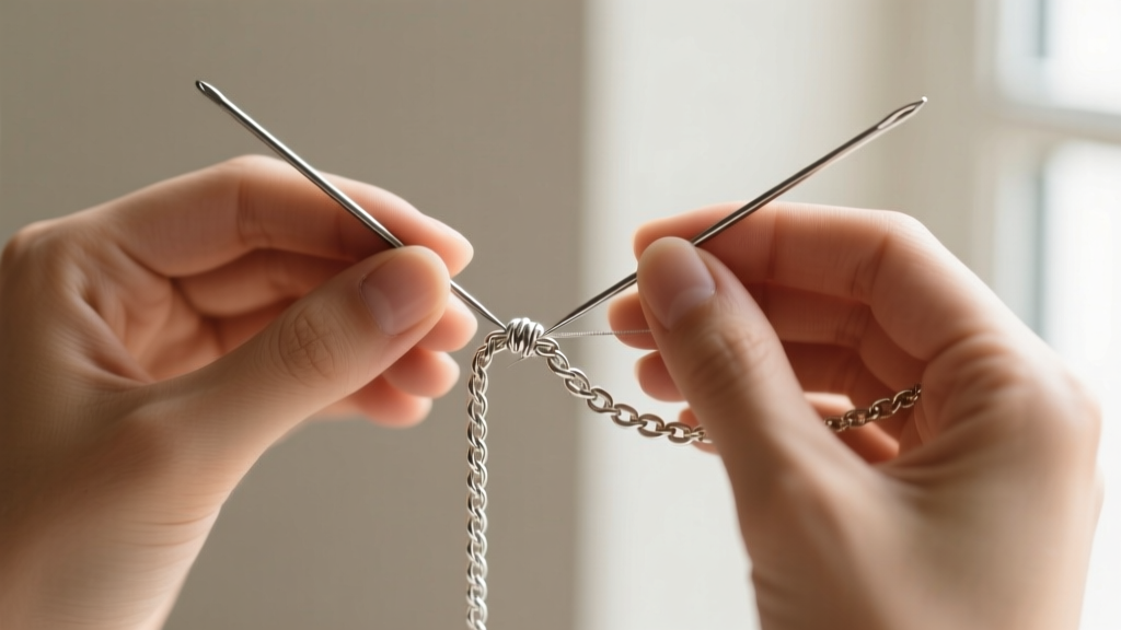 Hands using two fine sewing needles and jojoba oil to gently loosen a tight knot in a delicate sterling silver box chain.