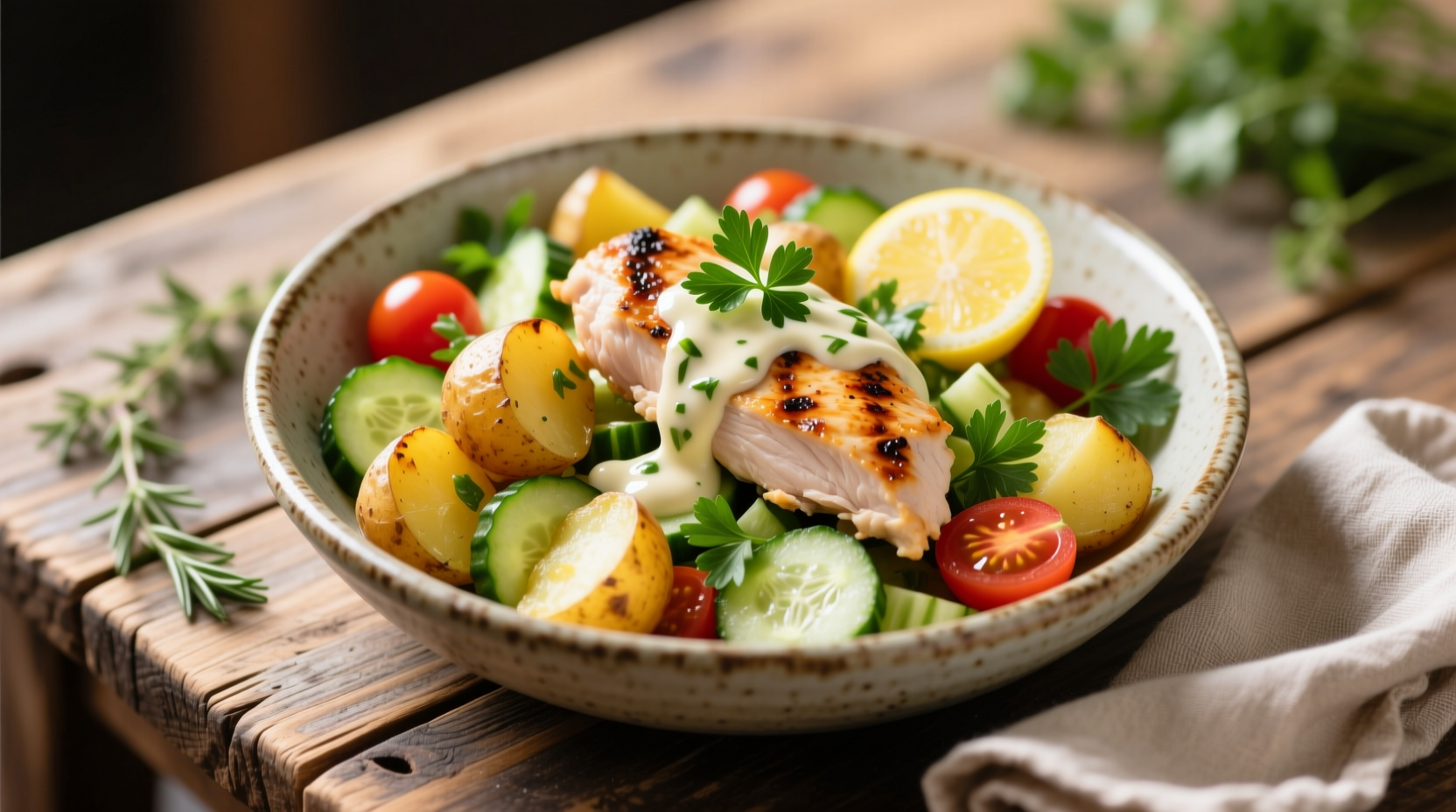 Fresh chicken and potato salad in serving bowl