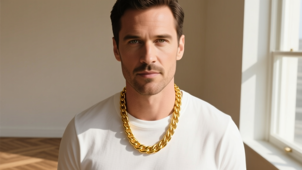 Man wearing a 4mm 14k yellow gold Cuban link chain over a white t-shirt, natural sunlight, cinematic portrait, sharp focus.