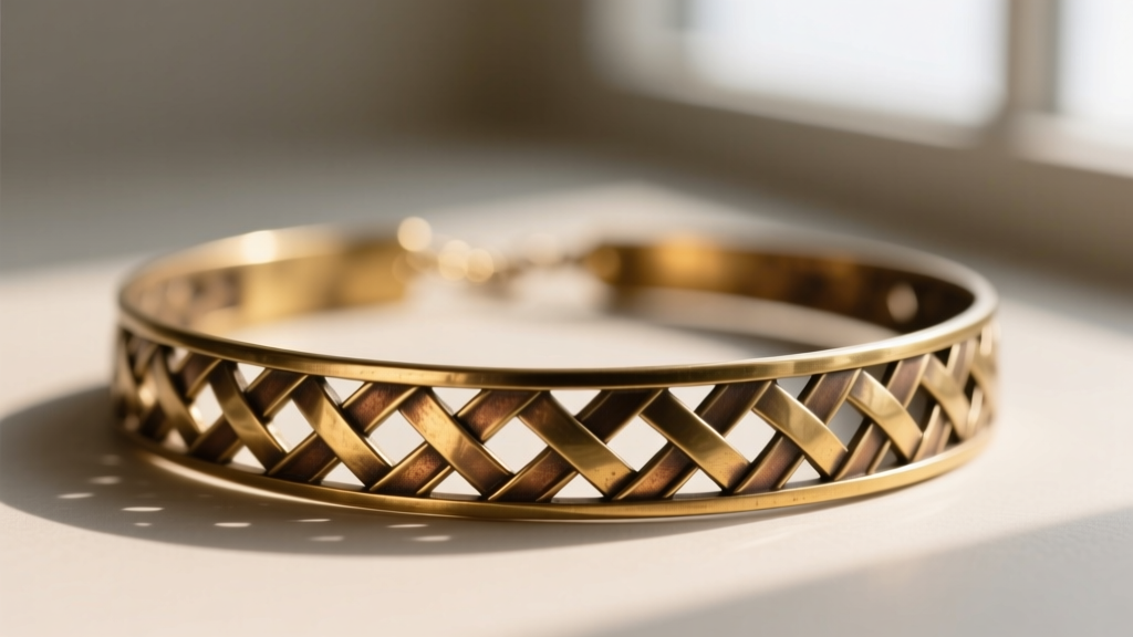 Macro photography of a stamped brass kante necklace showing intricate geometric weave patterns and a matte antiqued finish.