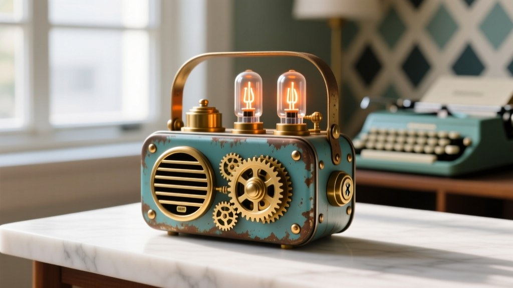 A custom-built portable Bluetooth speaker featuring exposed brass gears, vintage vacuum tubes, and upcycled tin casing inspired by retro cartoon inventions