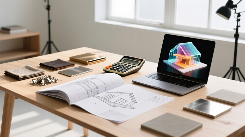 Architectural blueprints spread on a wooden table next to a calculator, material samples, and a laptop showing a 3D house model in a bright studio