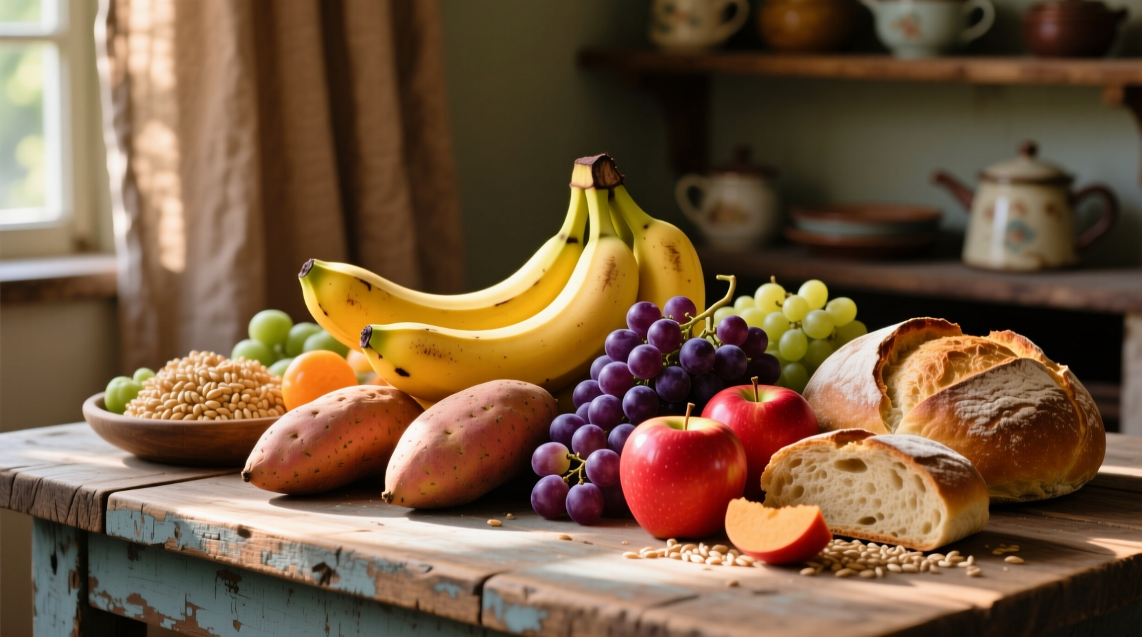 Colorful assortment of high-carb whole foods on wooden table