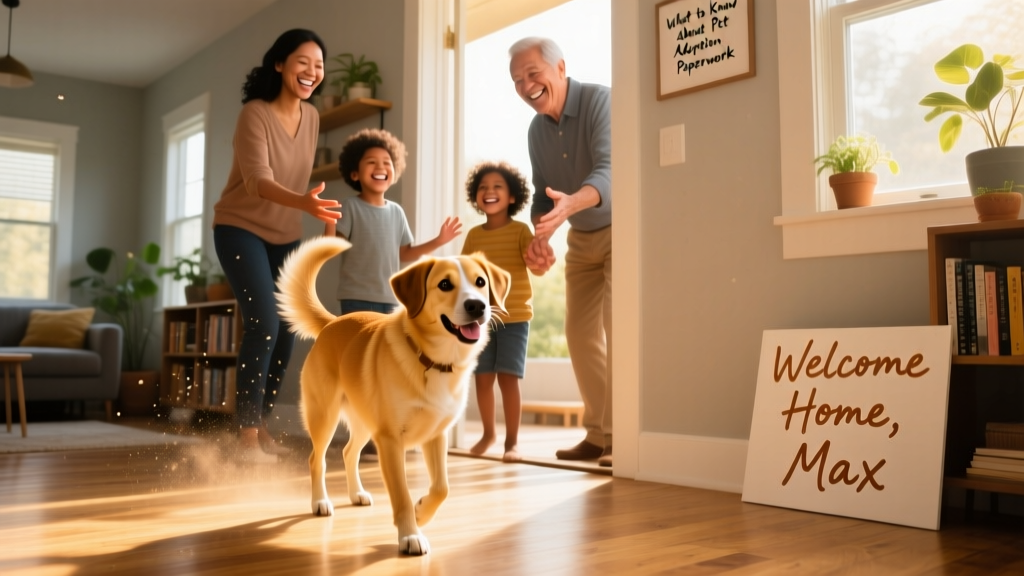 A joyful family welcoming a newly adopted dog at home