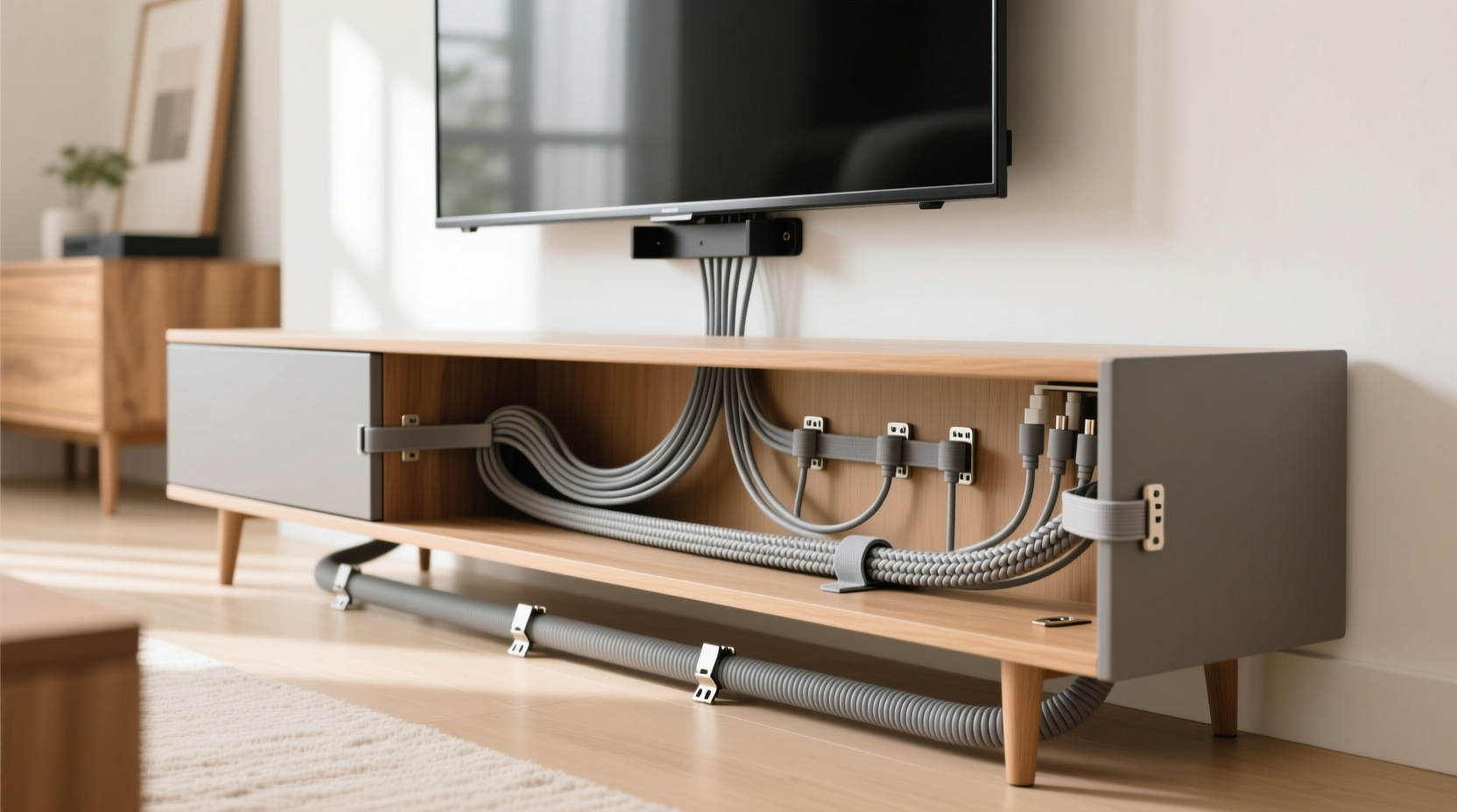 how to hide cords neatly behind tv stand without drilling