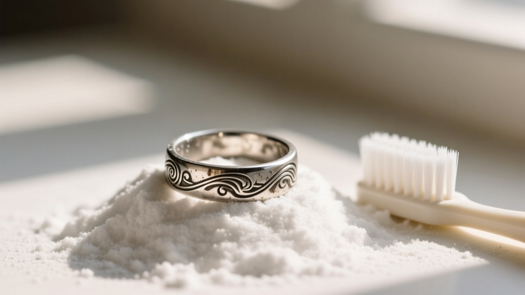 Close-up of a tarnished sterling silver ring resting on white baking soda powder with a soft toothbrush nearby in warm lighting.