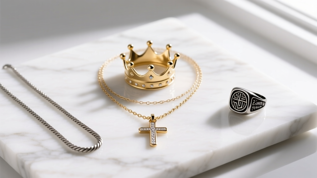Flat lay of three layered necklaces with a central crown and cross pendant, a simple rope chain, and a signet pendant on marble.