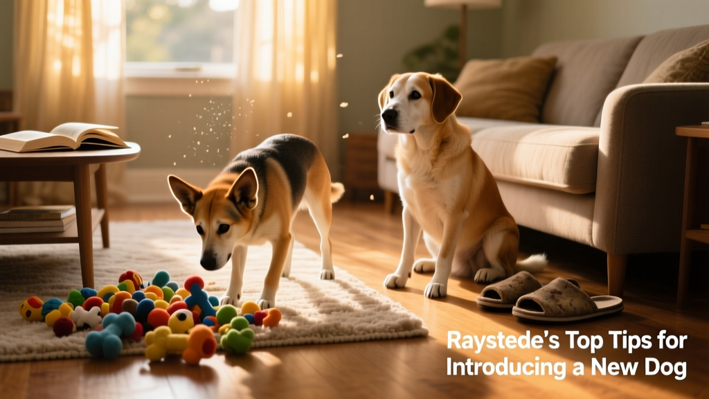 A shelter dog cautiously exploring a sunlit living room, with a calm resident dog nearby