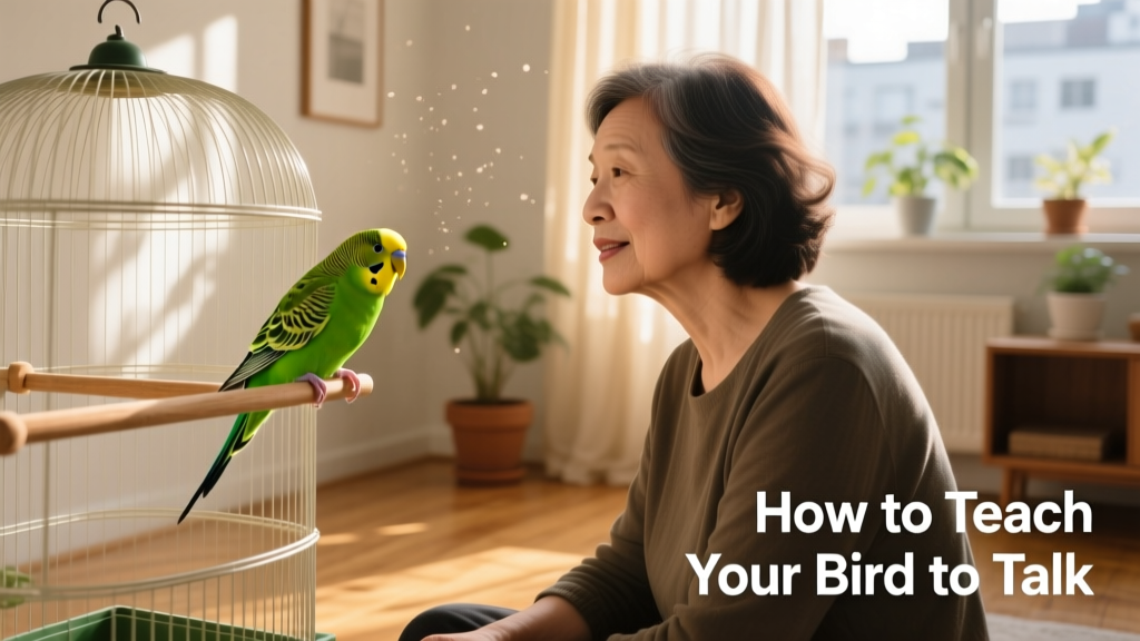 A person sitting calmly beside an open cage, speaking softly to a bright green budgie perched on a nearby perch