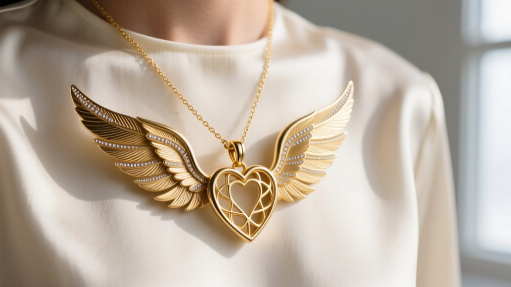 Close-up of a 14k gold vermeil winged heart necklace on a silk blouse, highlighting intricate feather detailing and the bail