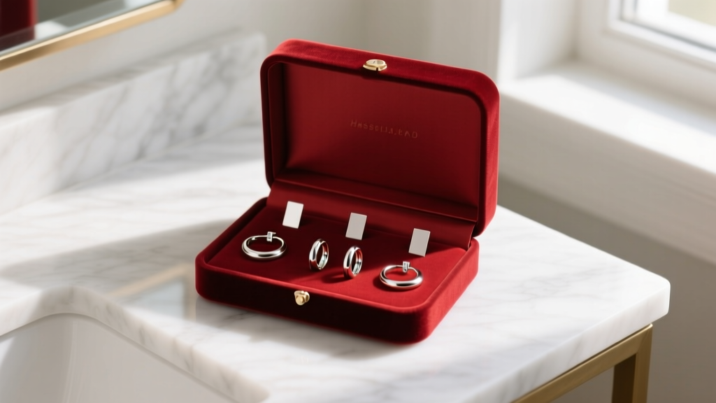 Open velvet gift box on a marble vanity displaying lightweight titanium hoops and earlobe support patches in soft light.