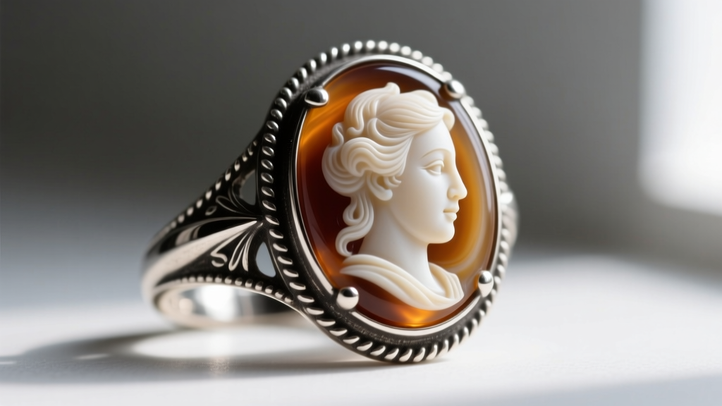 Close-up of a neo-Victorian cameo ring featuring a laser-carved agate profile set in oxidized sterling silver with milgrain edges