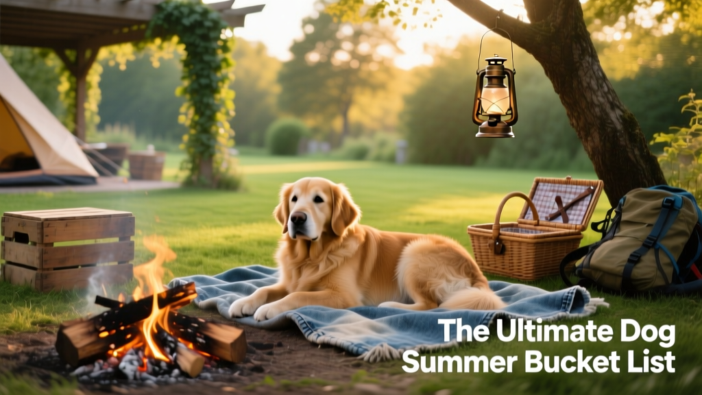 A cozy backyard campsite with a sleeping dog curled up on a blanket near a small, safe campfire