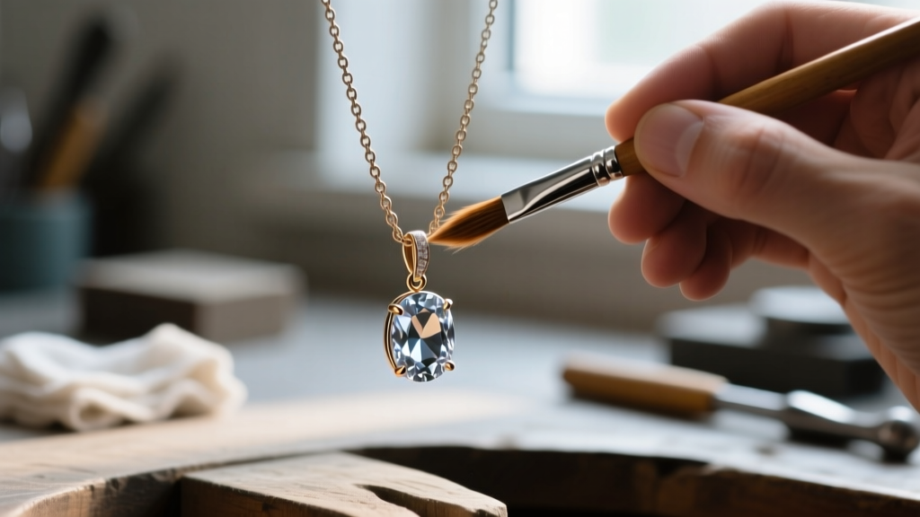 Macro shot of a jeweler using a soft brush to gently clean the delicate jump ring connecting a lavalier pendant gemstone drop.