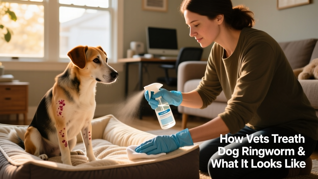 Dog owner cleaning a dog bed with disinfectant spray while wearing gloves, demonstrating safe environmental decontamination