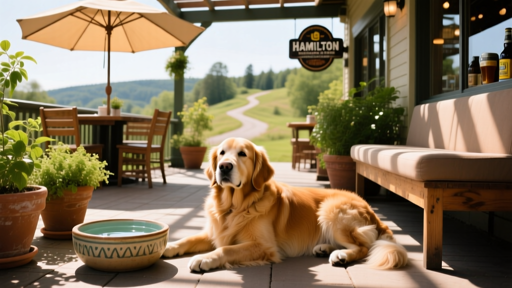 A golden retriever enjoying a sunny patio at a Hamilton restaurant with water bowl and shaded seating