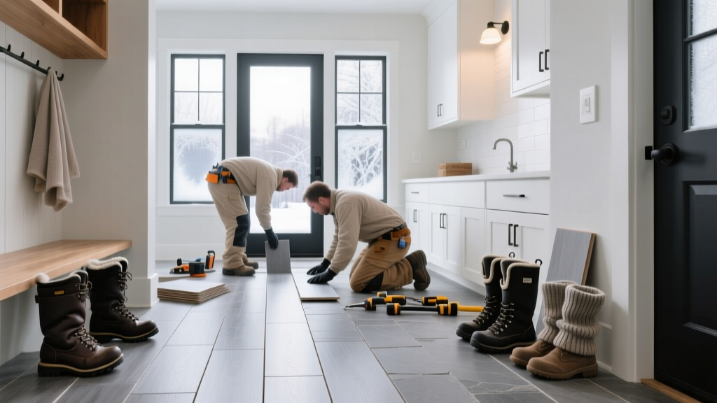 Installers laying gray stone-plastic-composite vinyl plank flooring in a bright Minneapolis mudroom with winter boots near the door