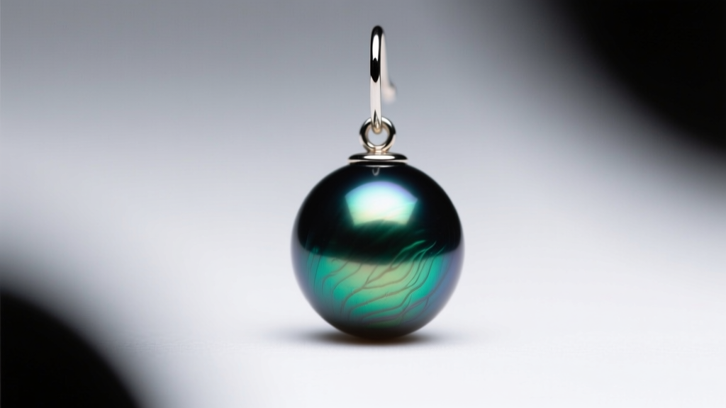 Macro shot of a 10 mm Tahitian black pearl earring displaying a peacock green overtone and high luster under soft studio lighting.