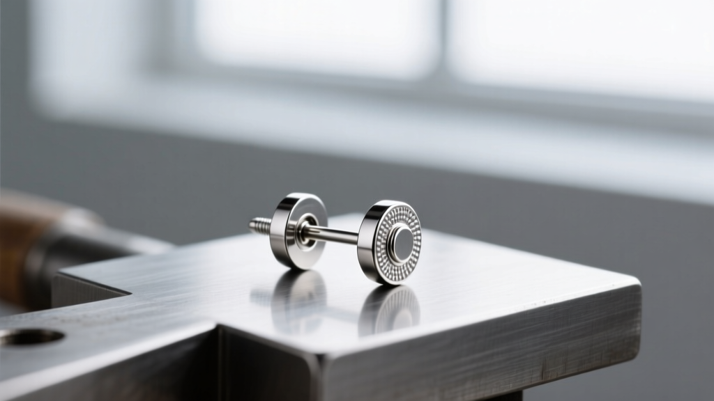 Macro shot of a 20-gauge titanium earring post with a flat pad and friction back resting on a steel jeweler's bench block