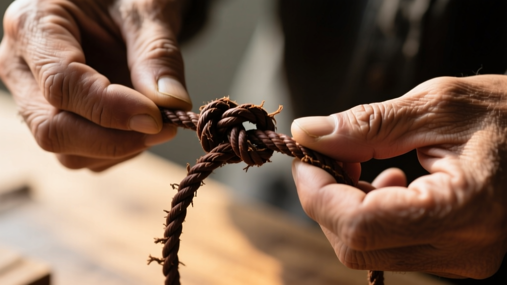 Macro shot of hands tying a double sliding slip knot on dark brown leather cord, highlighting wrapped loops and tension points