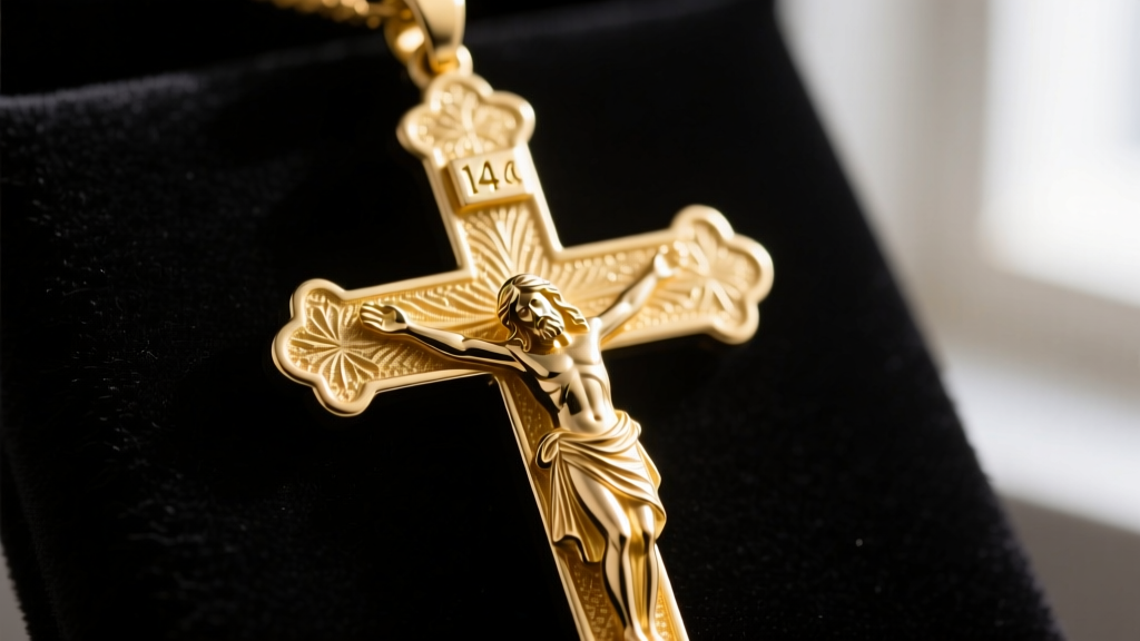Close-up of a detailed 14k yellow gold crucifix pendant with a sculpted Jesus figure on a textured cross against black velvet.