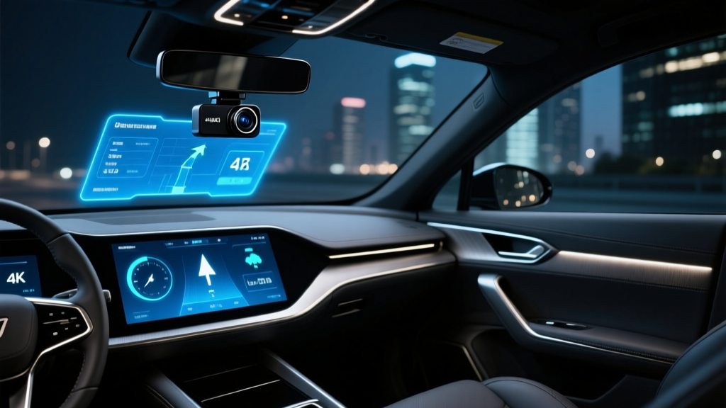 Modern car interior at night showing glowing blue holographic HUD on windshield and sleek 4K dash cam mounted near rearview mirror