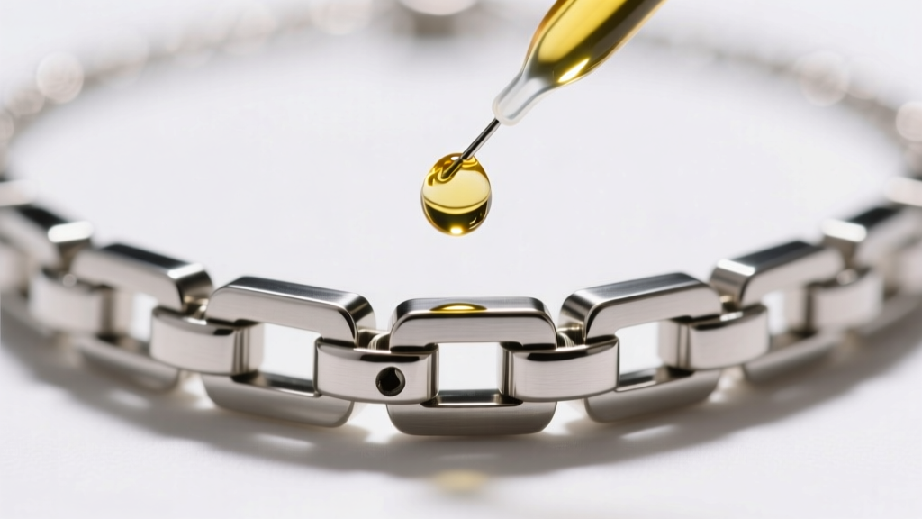 Macro shot of hinge pin on articulated silver gorget necklace, with needle applicator applying micro-drop of synthetic watch oil.