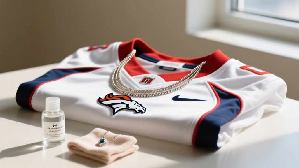 Layered Denver Broncos necklace over a football jersey, with pH-neutral jewelry cleaner and a polishing cloth in the foreground.