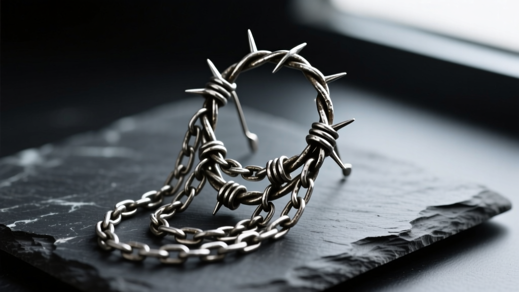 Close-up of a heavy, oxidized silver grunge earring featuring a barbed wire motif and dangling chains, resting on dark slate